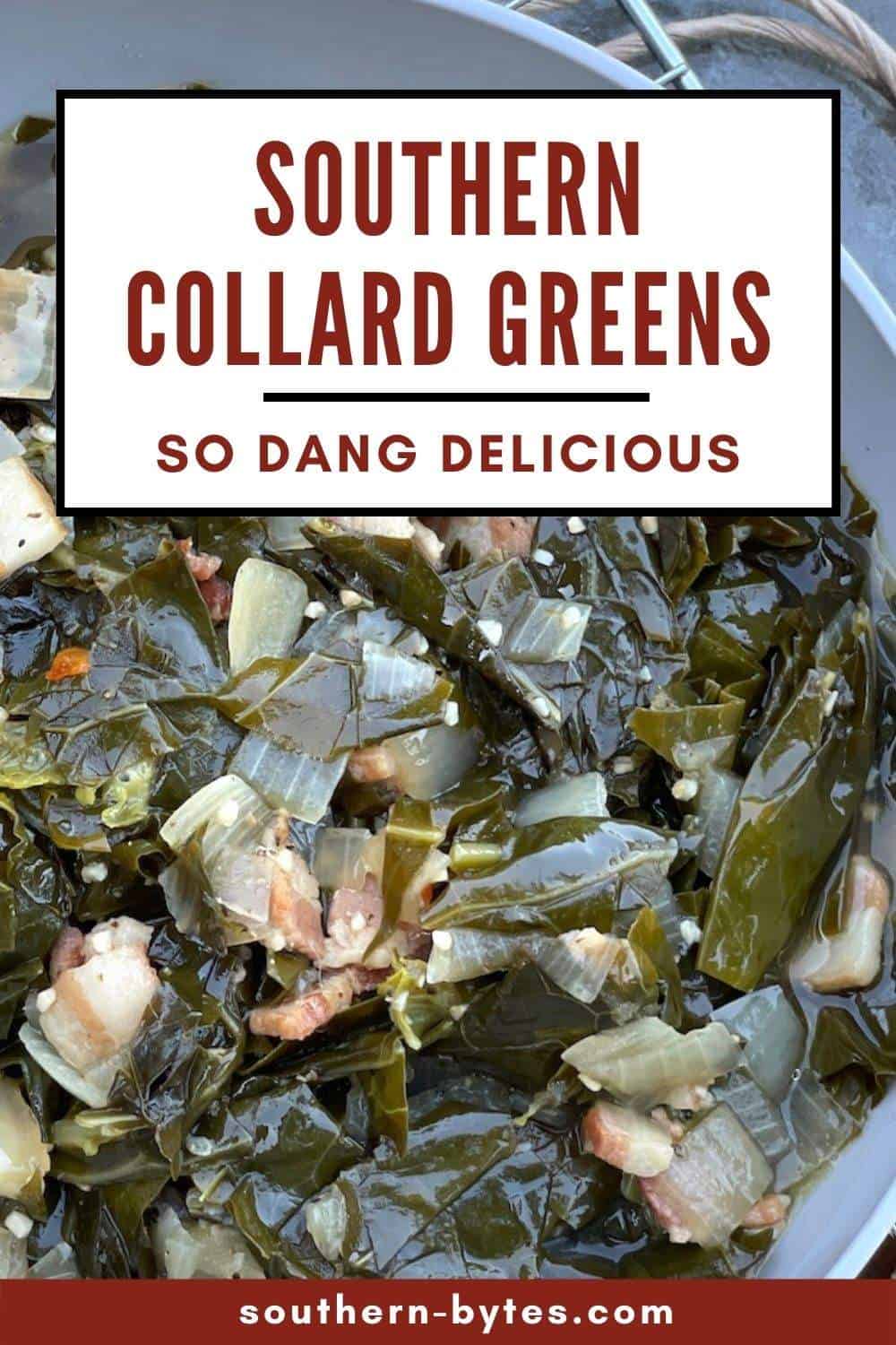 A pin image of a bowl of southern style collard greens.