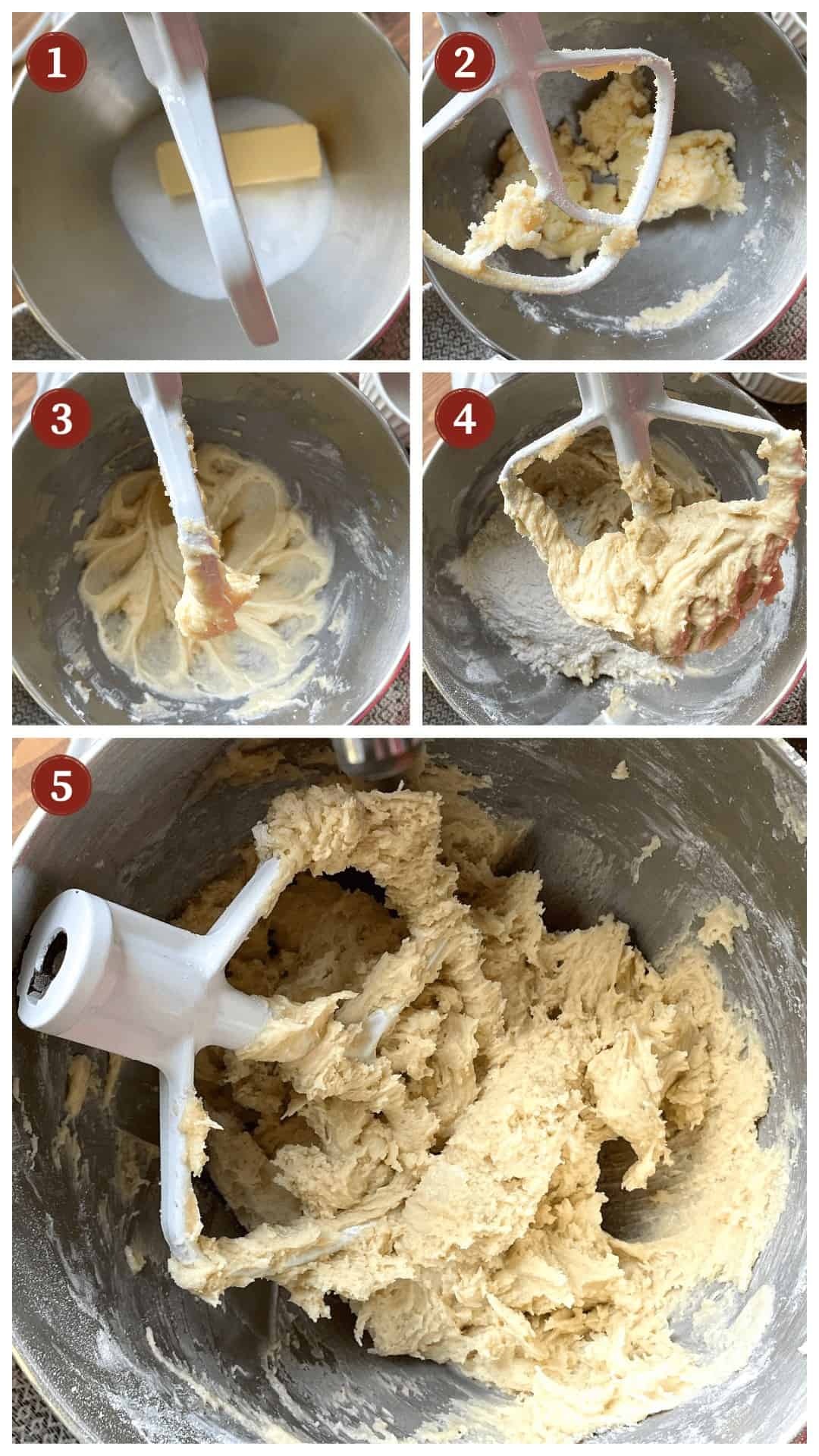 A collage of images showing how to make buttermilk cookies, steps 1 - 5.