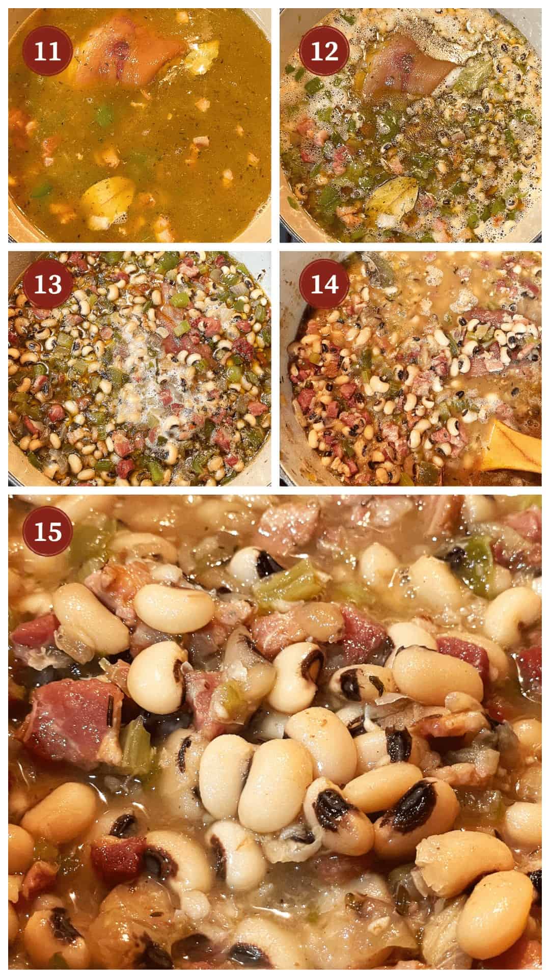 A collage of images showing how to make hoppin john, steps 11 - 15.