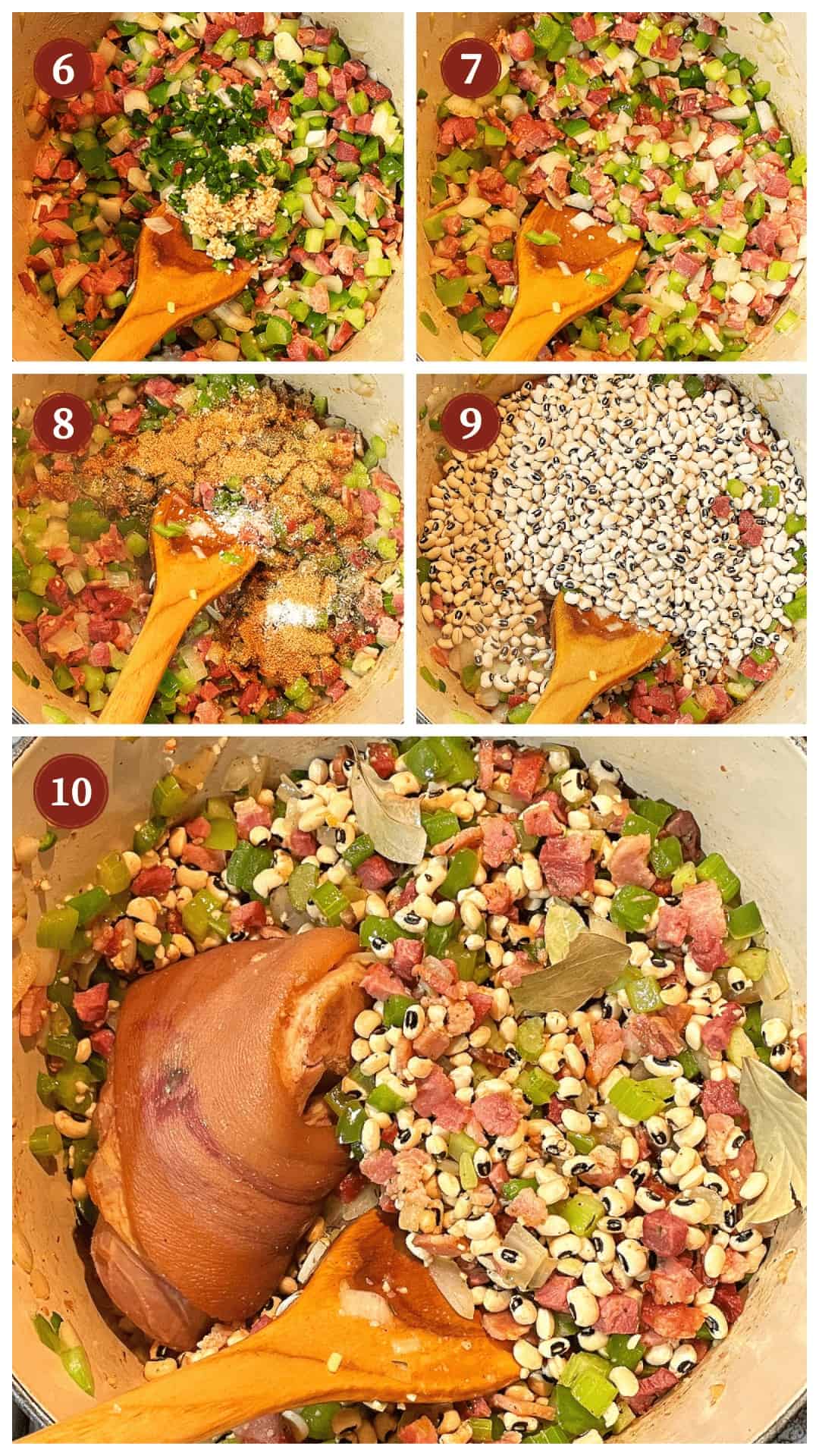 A collage of images showing how to make hoppin john, steps 6 - 10.
