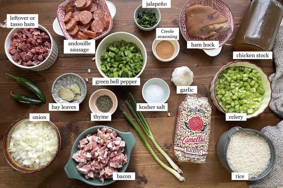 The ingredients in Hoppin' John, laid out and labeled.