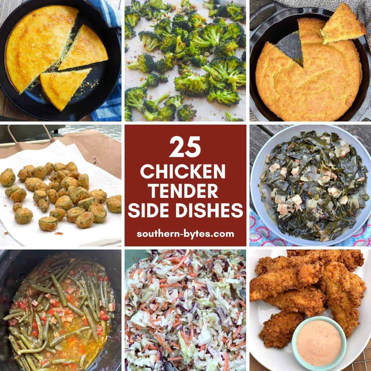 A collage of images showing chicken tender side dishes.