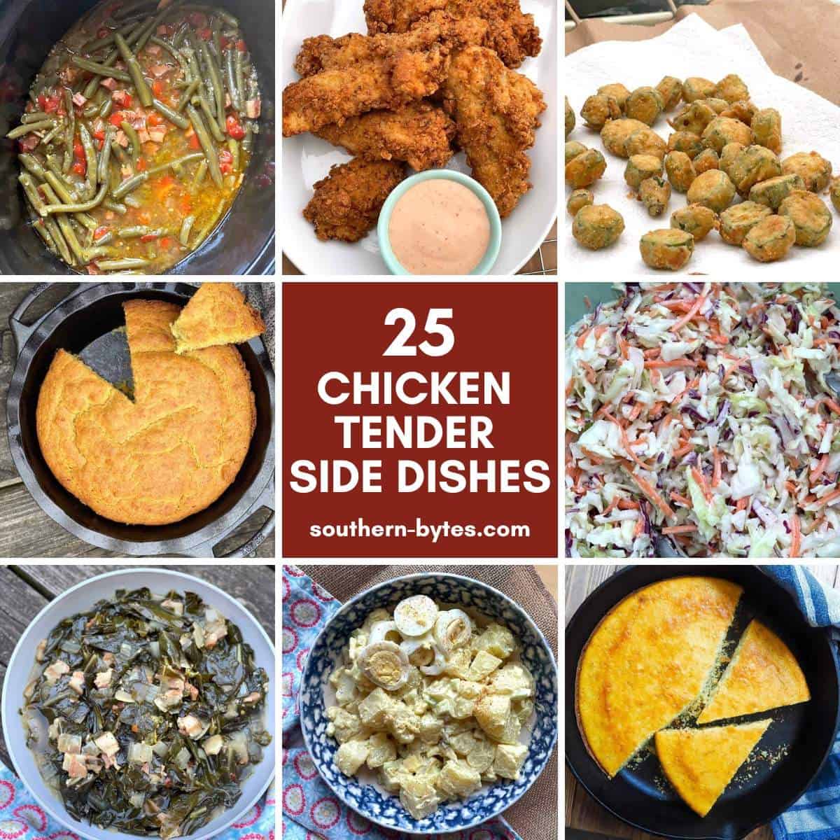 A collage of images showing chicken tender side dishes - cornbread, dipping sauce, coleslaw, green beans, and okra.