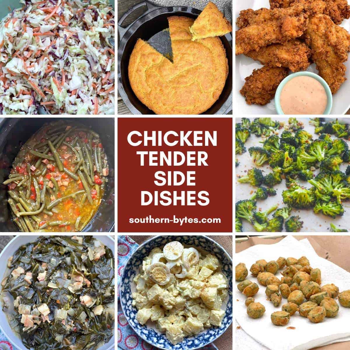 A collage of images showing fried chicken tender side dishes - coleslaw, green beans, veggies, and cornbread.