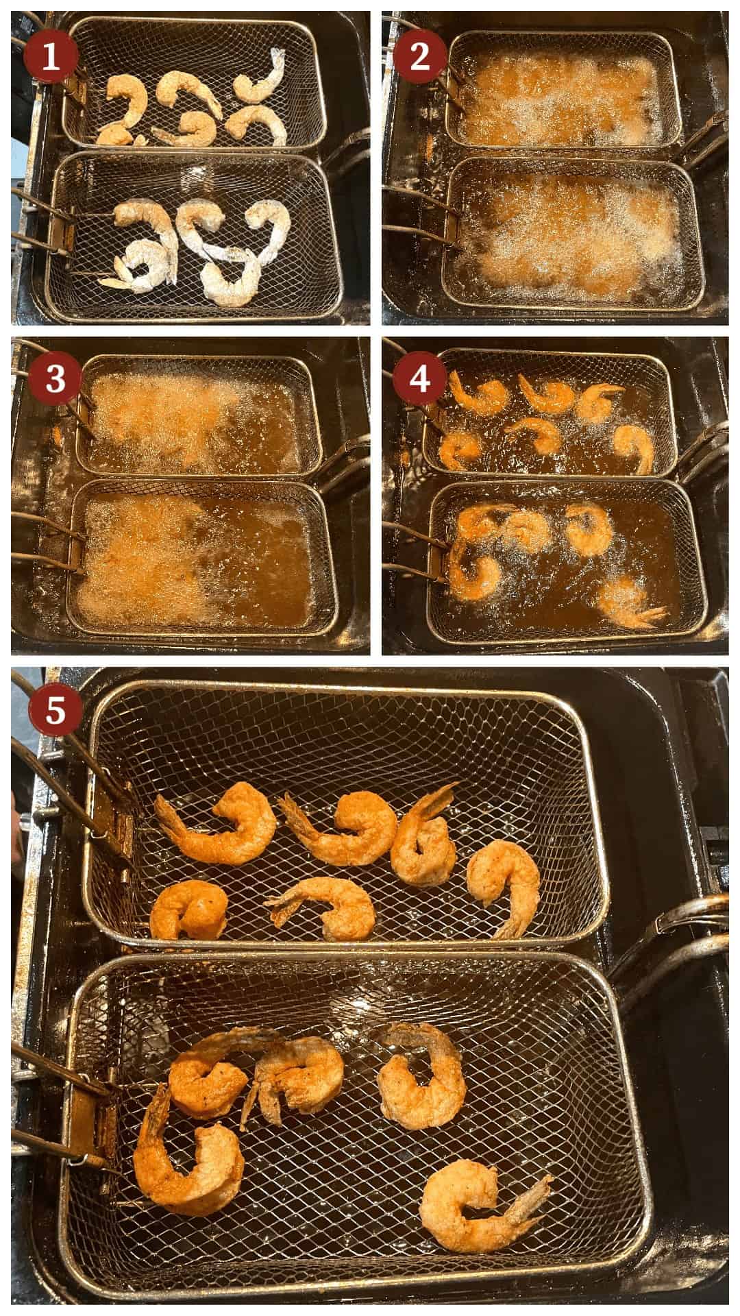 A collage of images showing how to deep fry shrimp, steps 1-5.