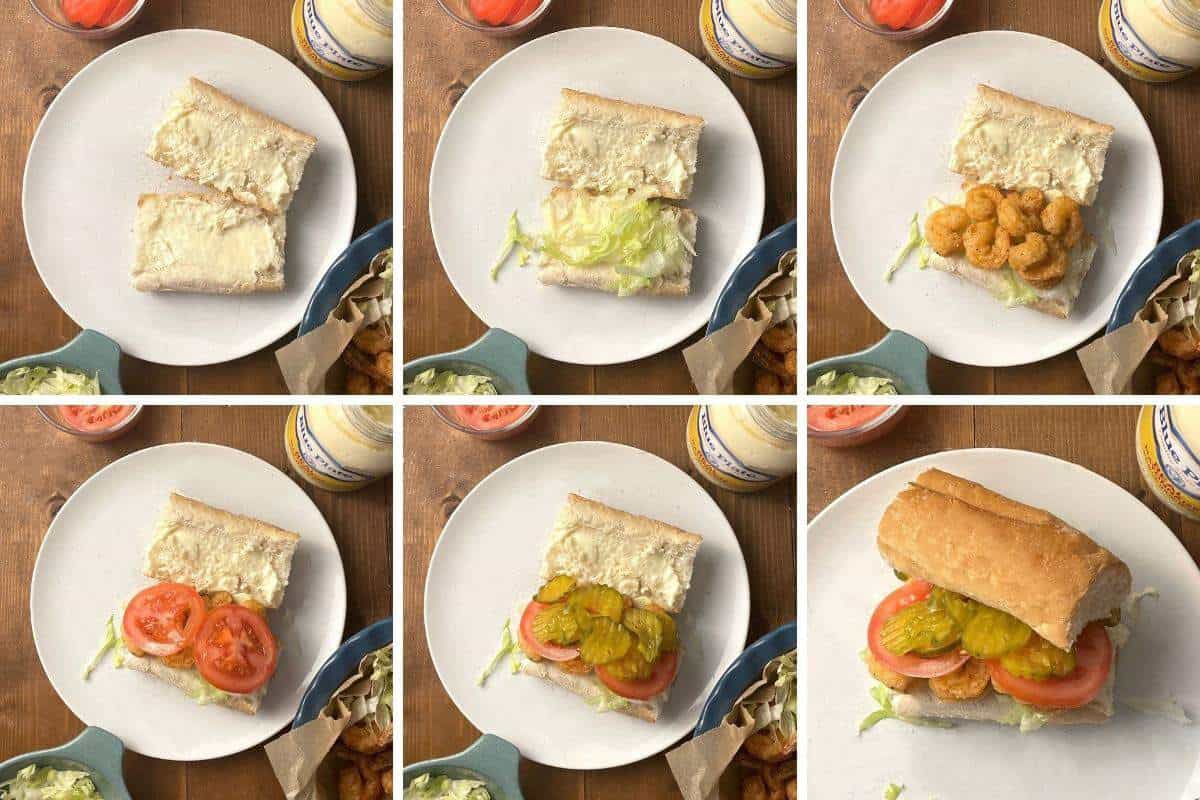 A collage of images showing how to assemble a fried shrimp po boy sandwich.