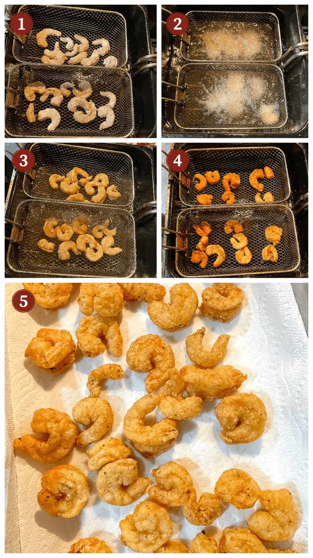 A collage of images showing how to fry shrimp for po boys, steps 1-5.