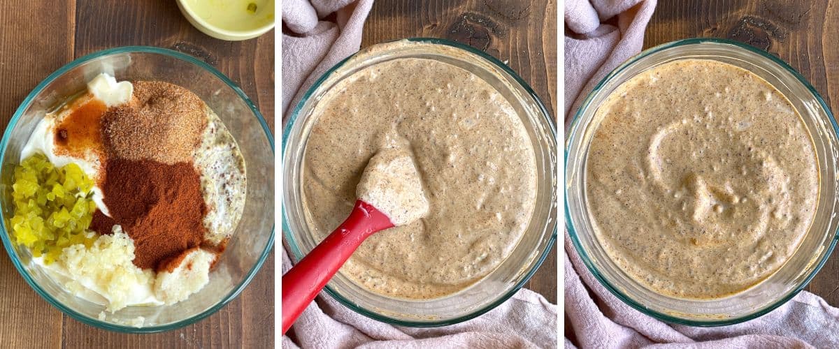 A collage of three images showing how to mix up Creole remoulade sauce.