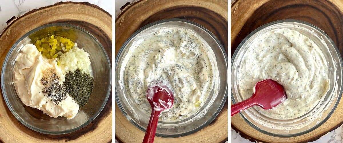 A collage of 3 images showing how to mix tartar sauce.