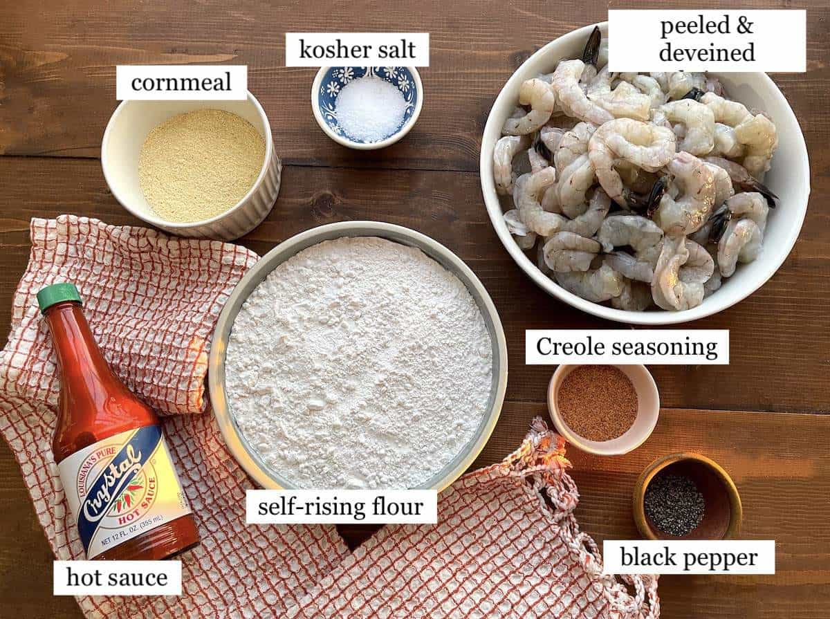 A collage of images showing the ingredients in deep fried shrimp, laid out in bowls and labeled.