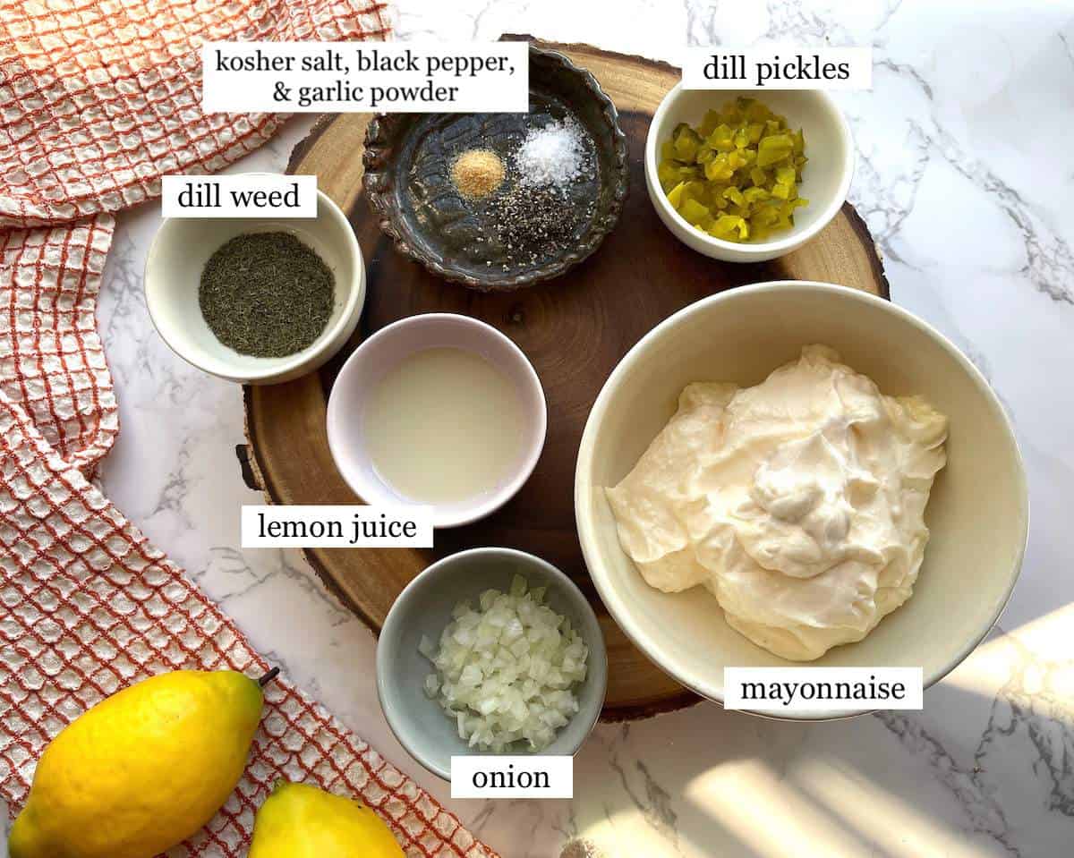 The ingredients in homemade tartar sauce, laid out and labeled.