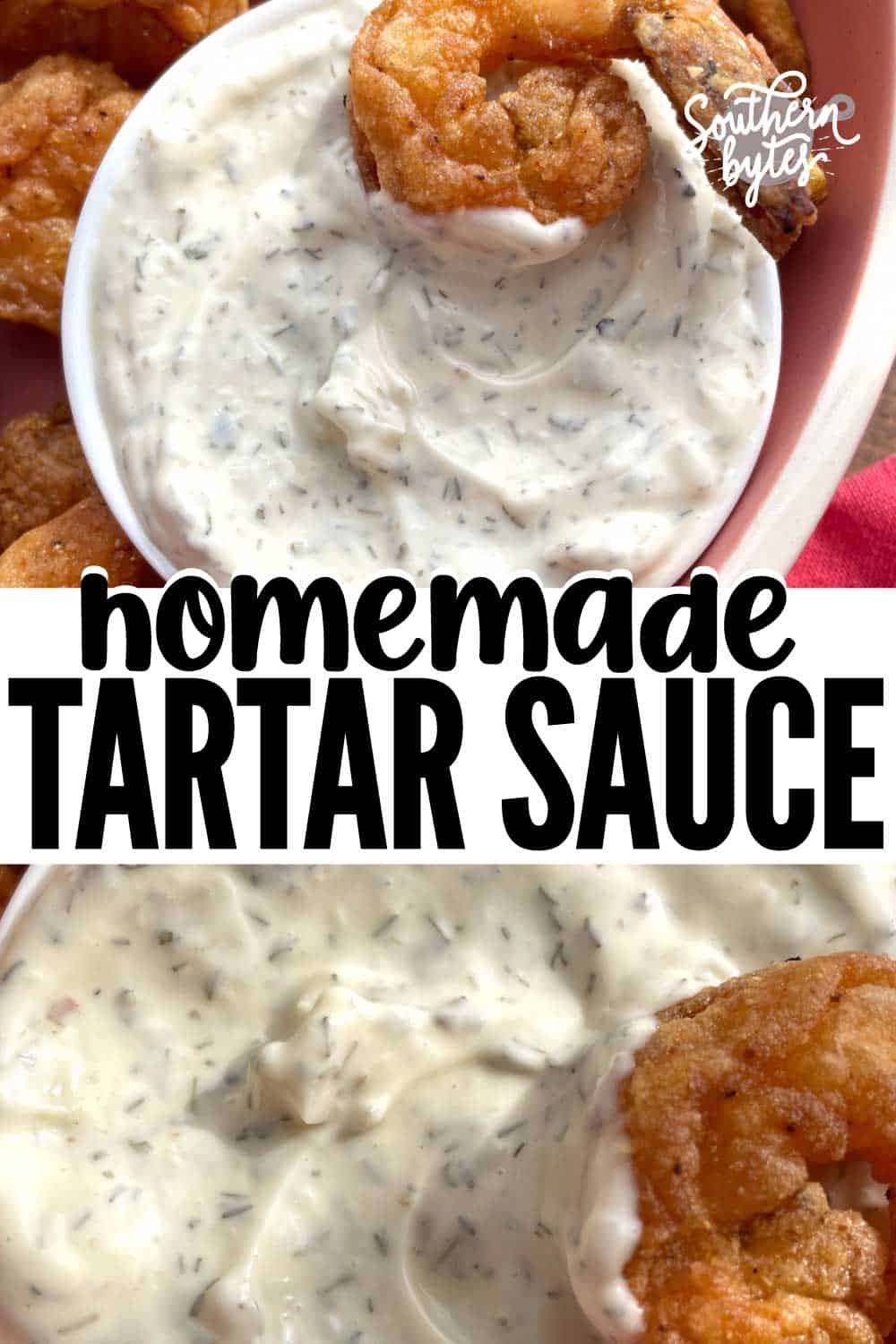 A pinterest collage of two pictures of homemade tartar sauce.