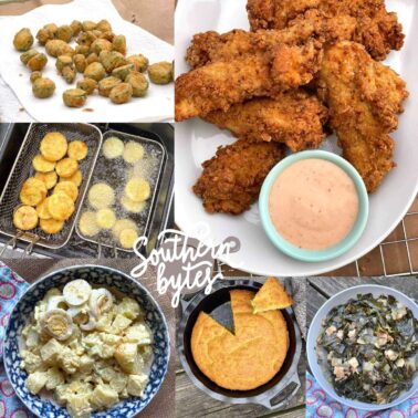 A collage of images showing what to serve with fried chicken - cornbread, collard greens, fried okra, and potato salad.