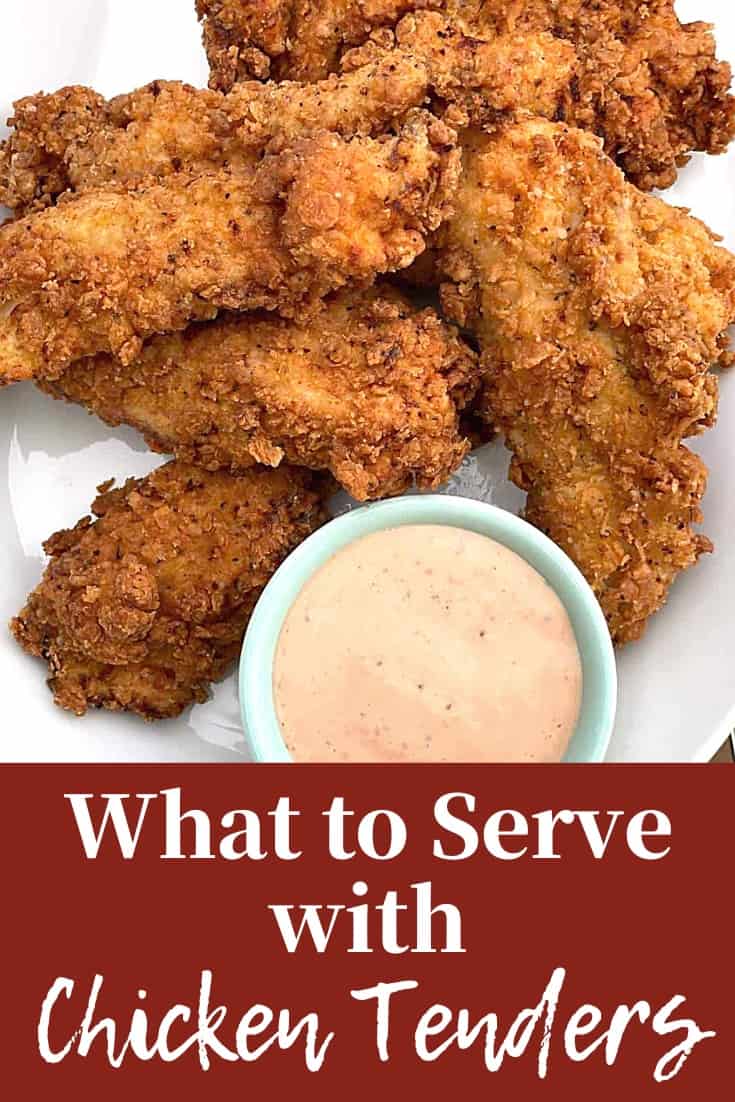 A pin image of a plate of chicken tenders and a bowl of dipping sauce.