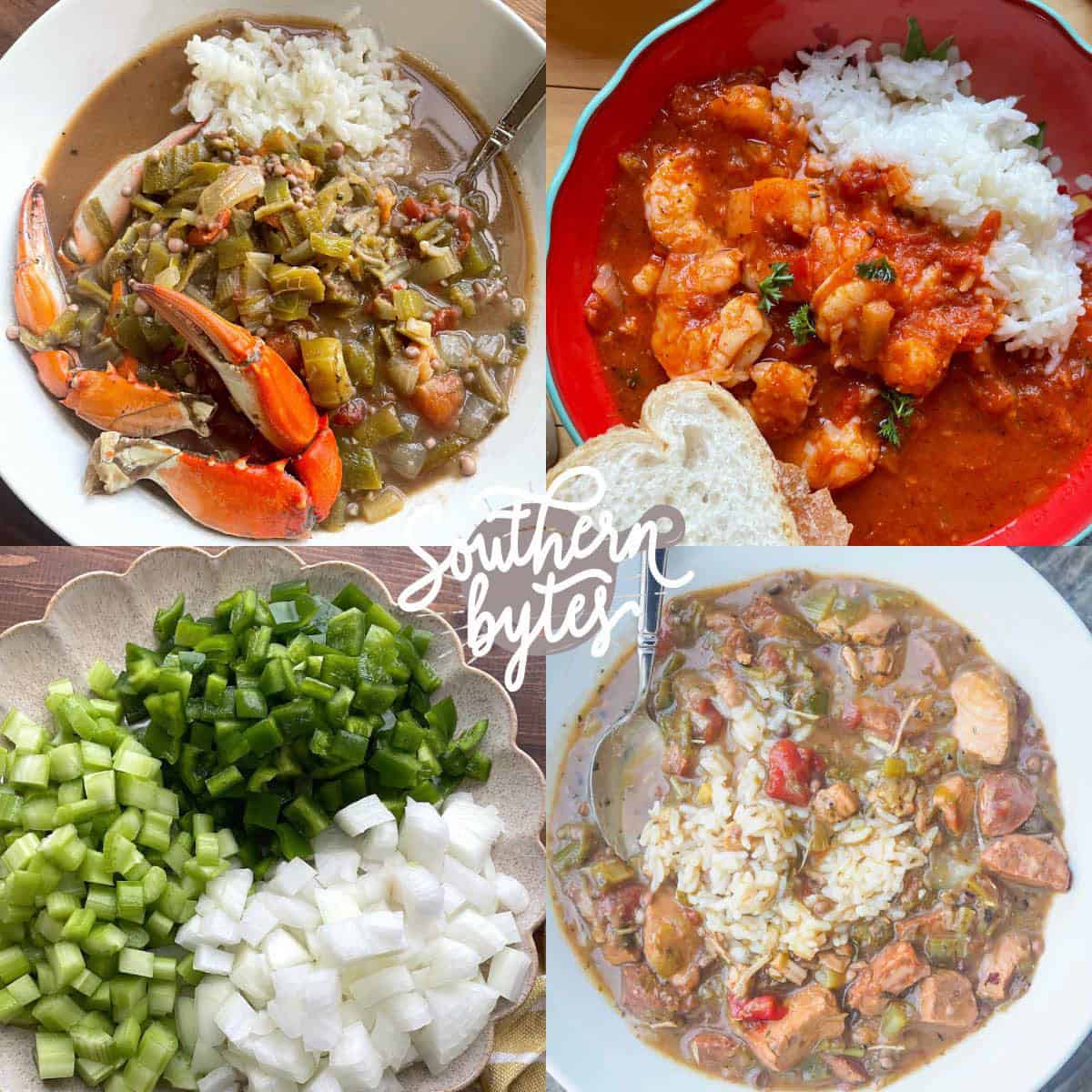 A collage of images showing dishes made from the cajun holy trinity - two kinds of gumbo and shrimp creole.