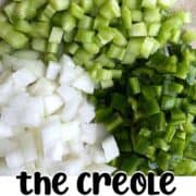 A pin image of a plate with the creole holy trinity on it - diced onions, celery, and green bell peppers.