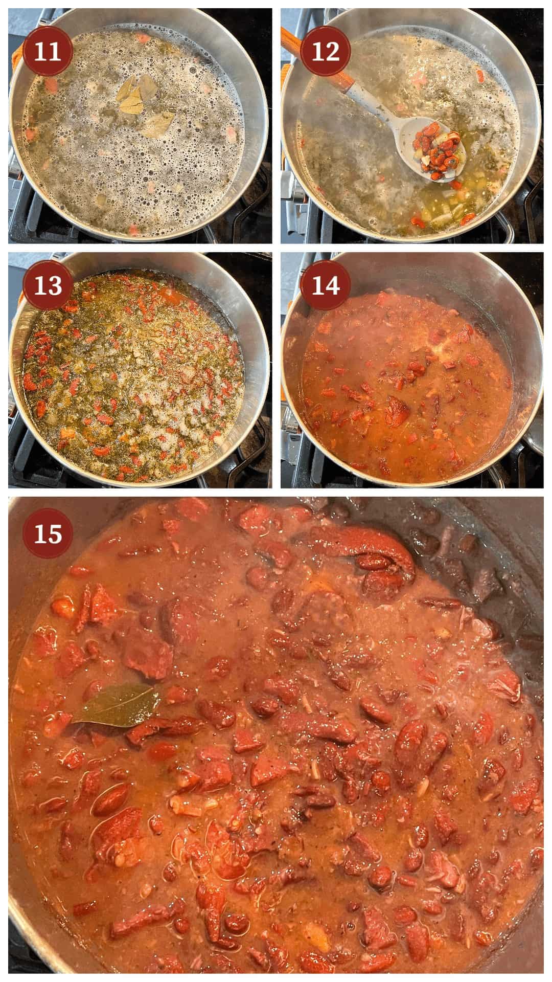 A collage of images showing how to make red beans and rice, steps 11-15.