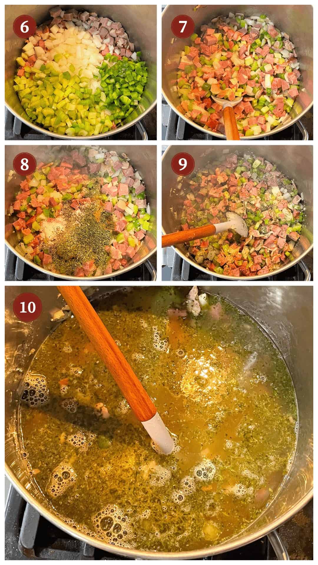A collage of images showing how to make red beans and rice, steps 6-10.