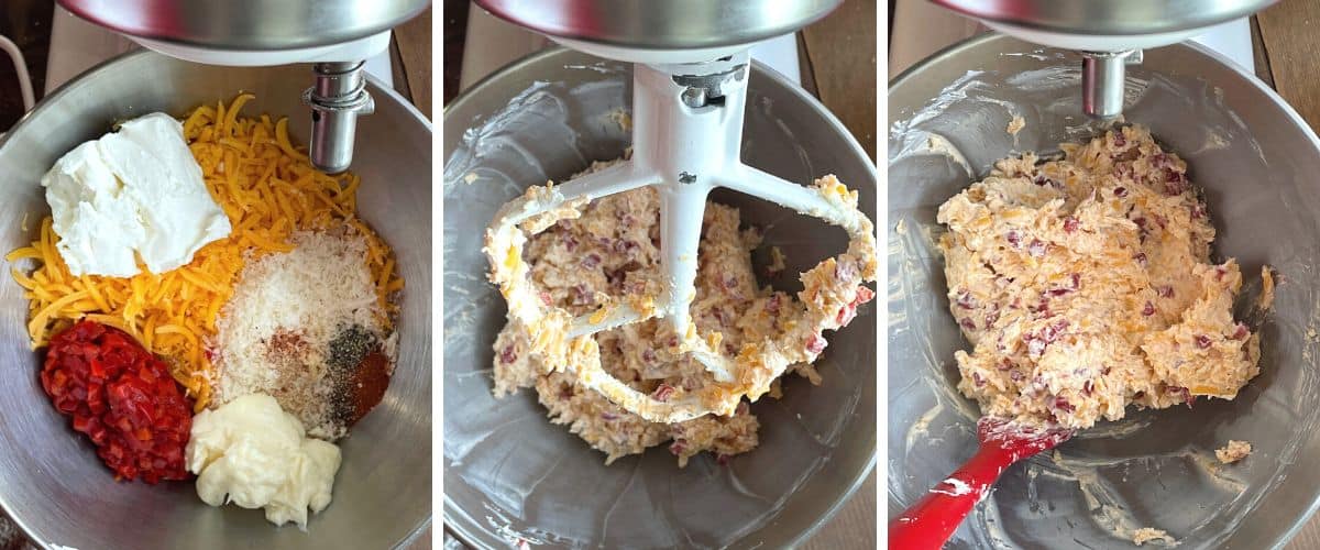A collage of images showing how to mix up pimento cheese in a stand mixer.