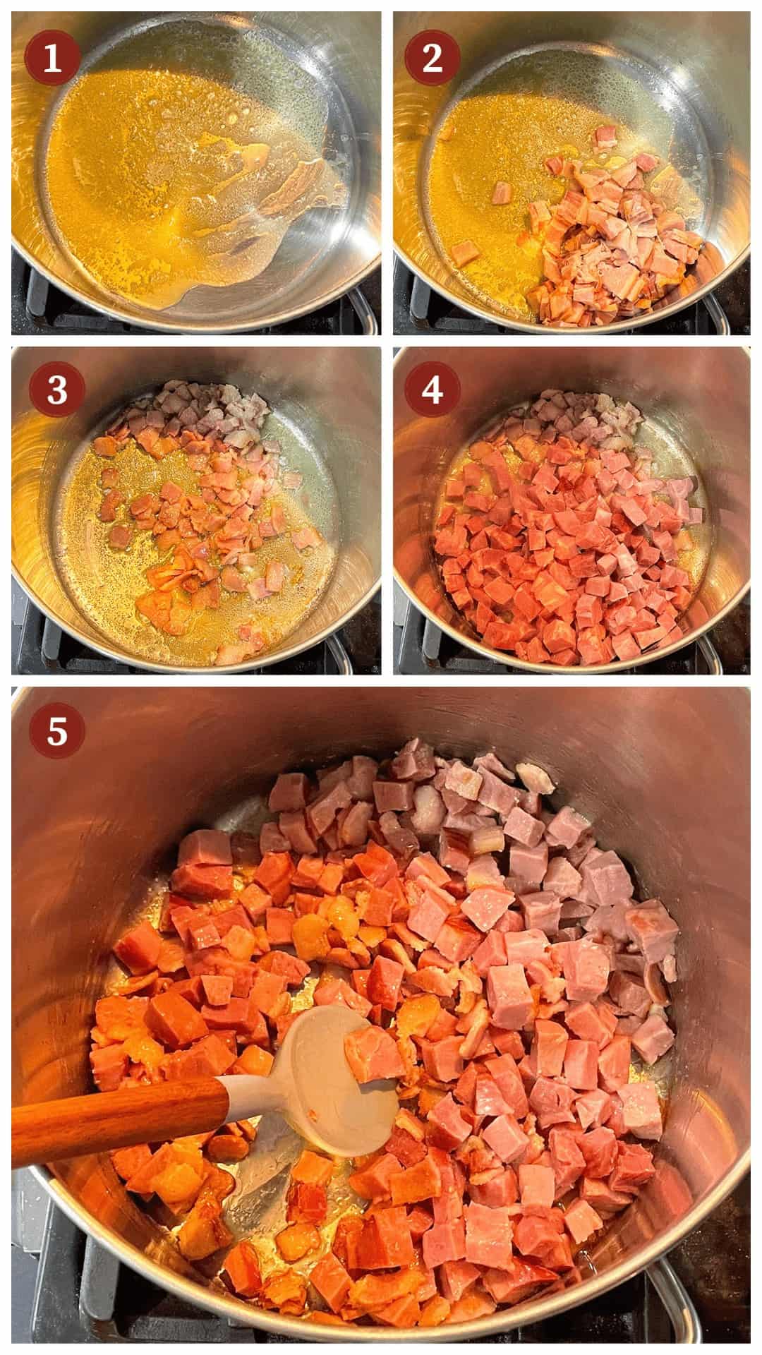 A collage of images showing how to make red beans and rice, steps 1-5.
