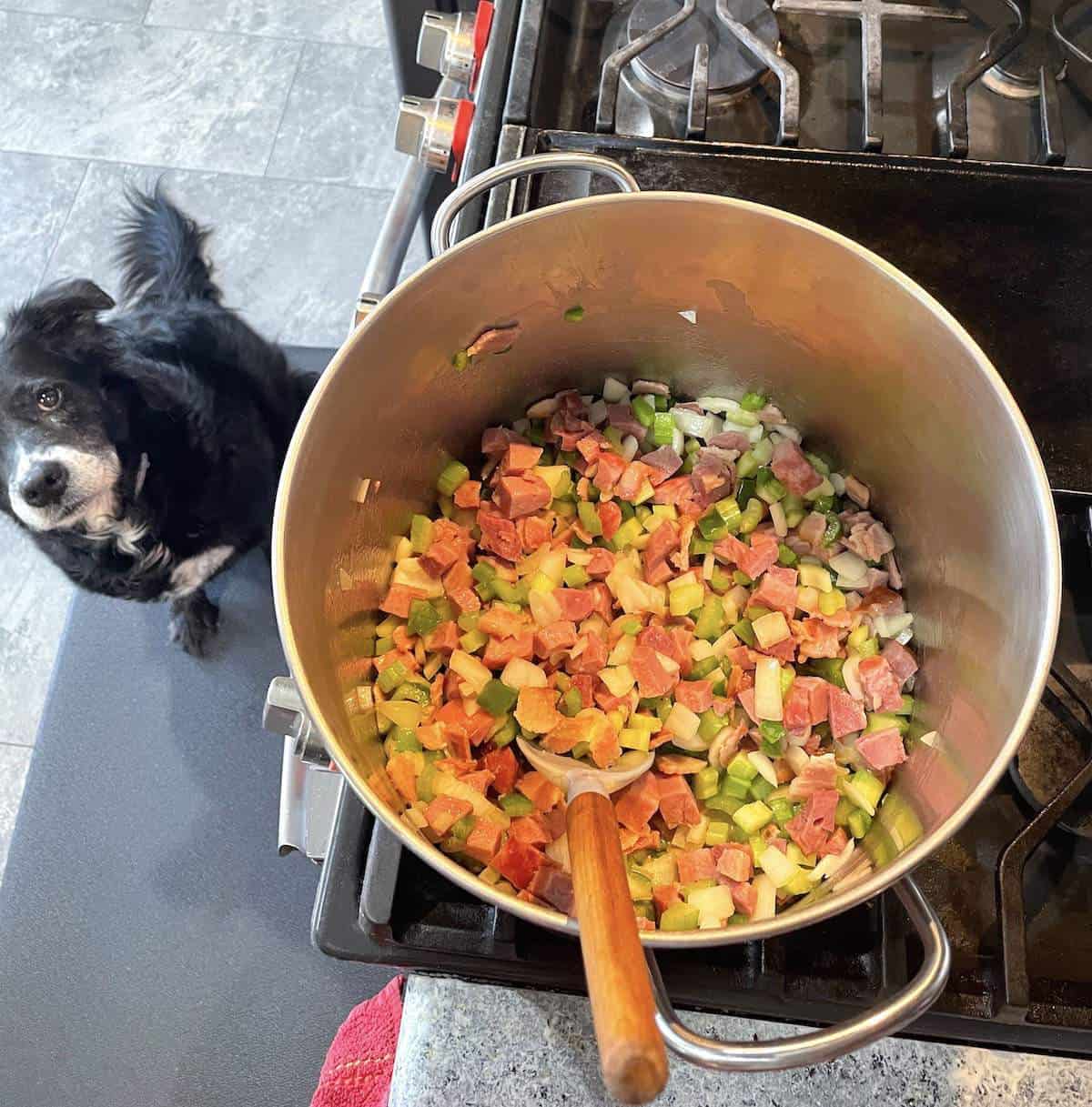A black dog staring at a pot of the holy trinity cooking with ham to make red beans and rice.