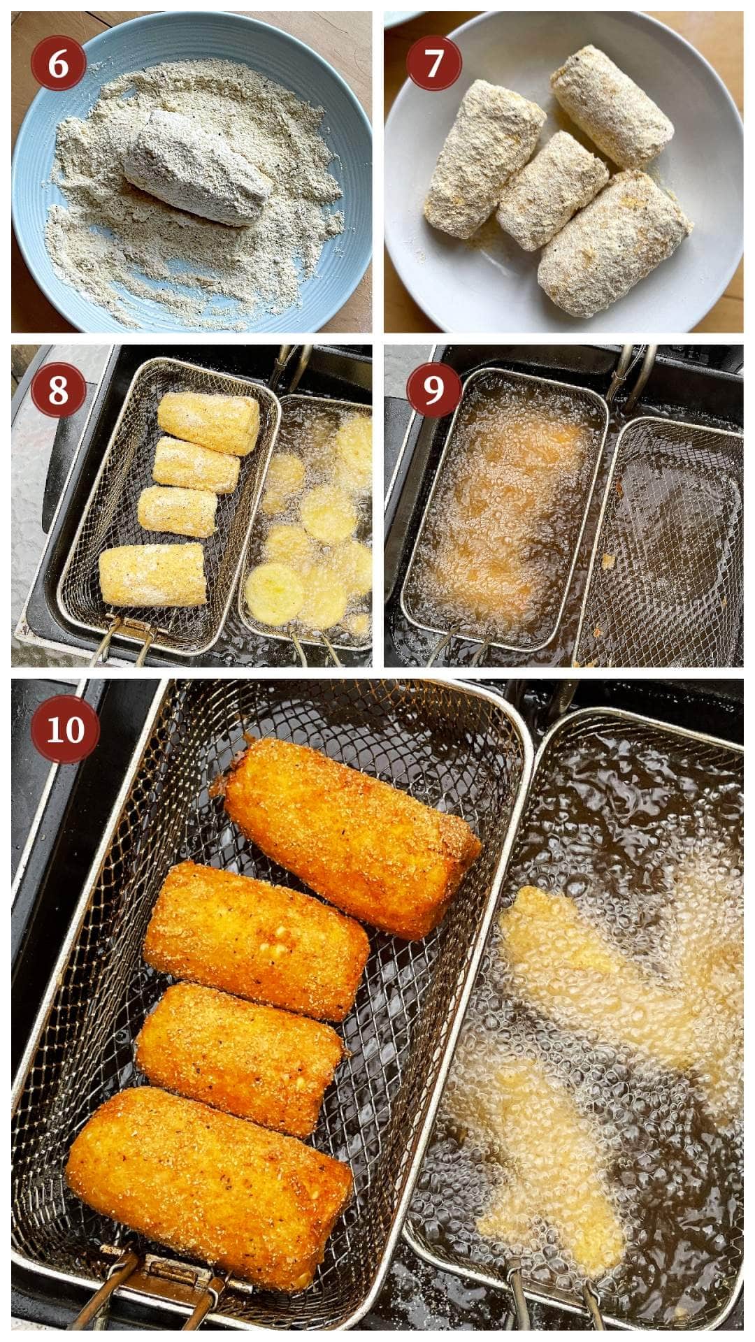 A collage of images showing how to make deep fried corn on the cob, steps 6-10.