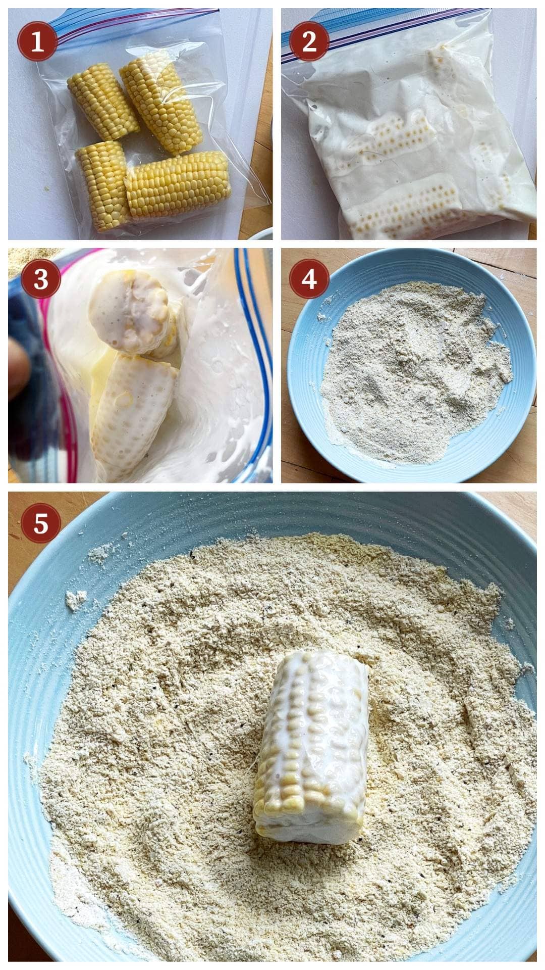 A collage of images showing how to make fried corn on the cob, steps 1-5.