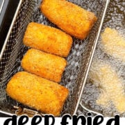 A pin image of corn on the cob draining in a deep fryer.