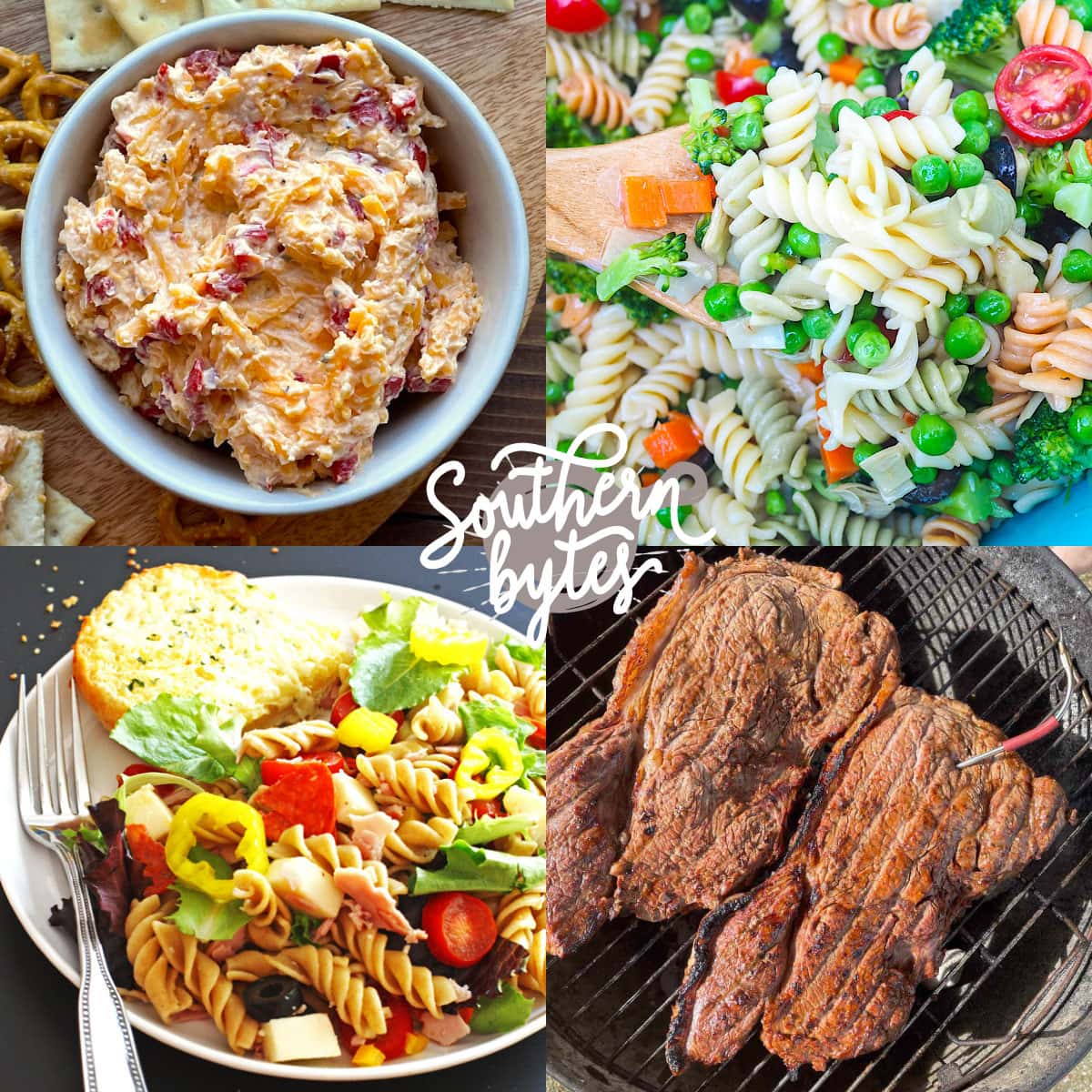 A collage of images showing what to serve with pasta salad - pimento cheese, steak, chicken tenders, and deviled eggs.