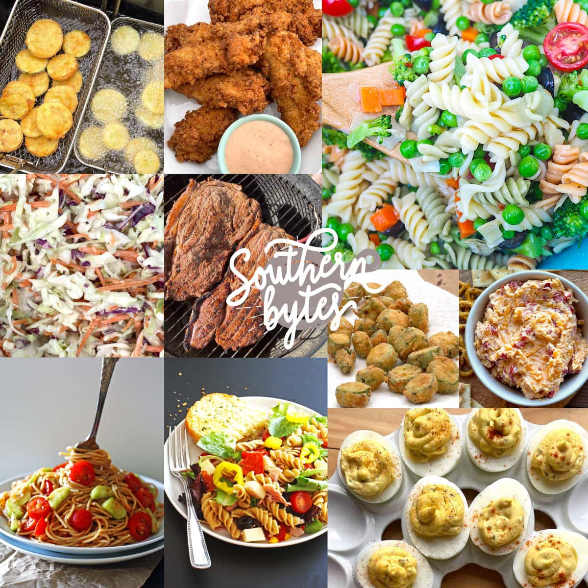 A collage of images showing what to serve with pasta salad - fried okra, fried squash, coleslaw, steak, chicken tenders, and deviled eggs.