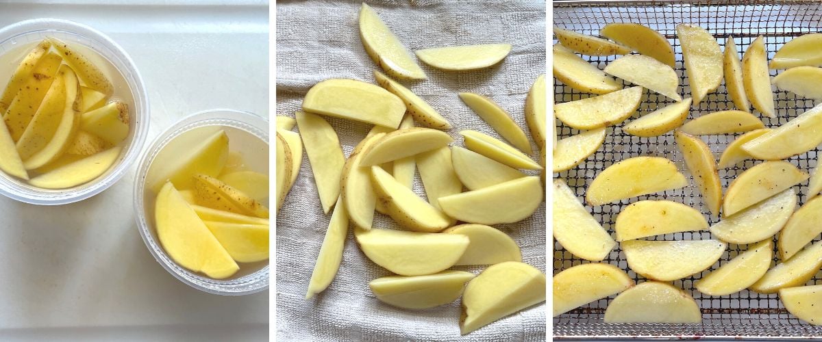 A collage of three images showing how to prep potato wedges to cook in the air fryer.