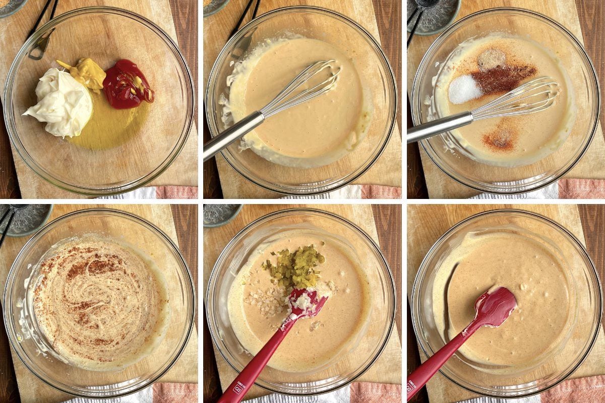 A collage of six images showing how to mix up Big Mac burger sauce.