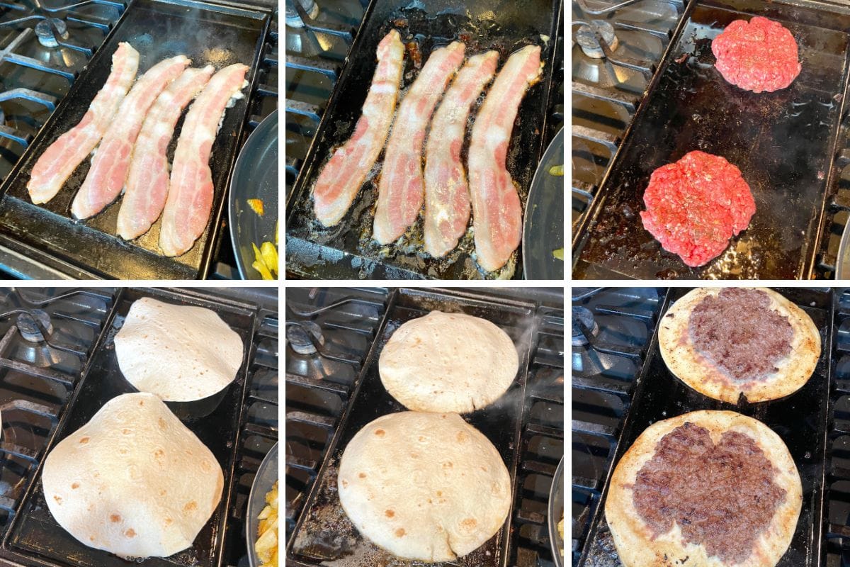 A collage of six images showing how to make smash burger tacos on a griddle.