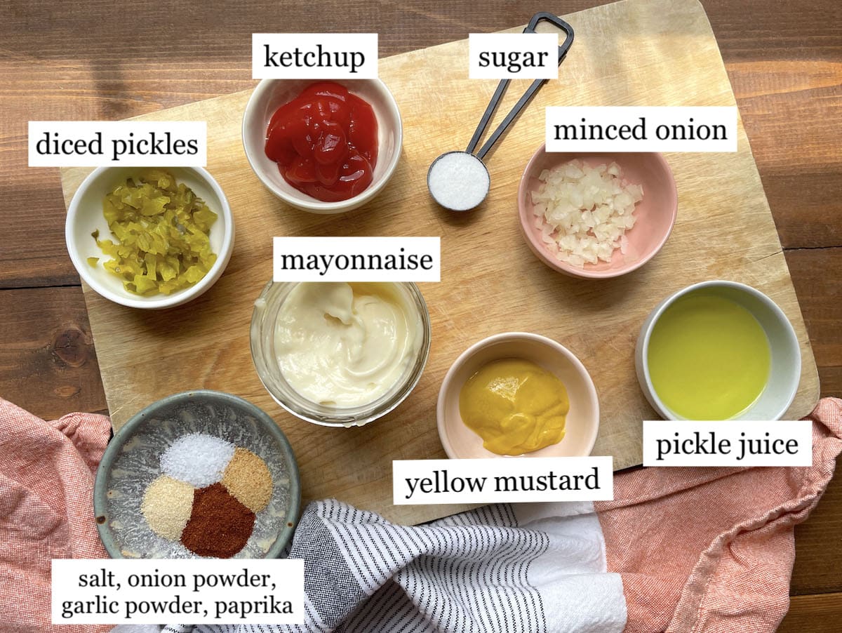 The ingredients needed to make Big Mac sauce, laid out in little bowls and labeled.