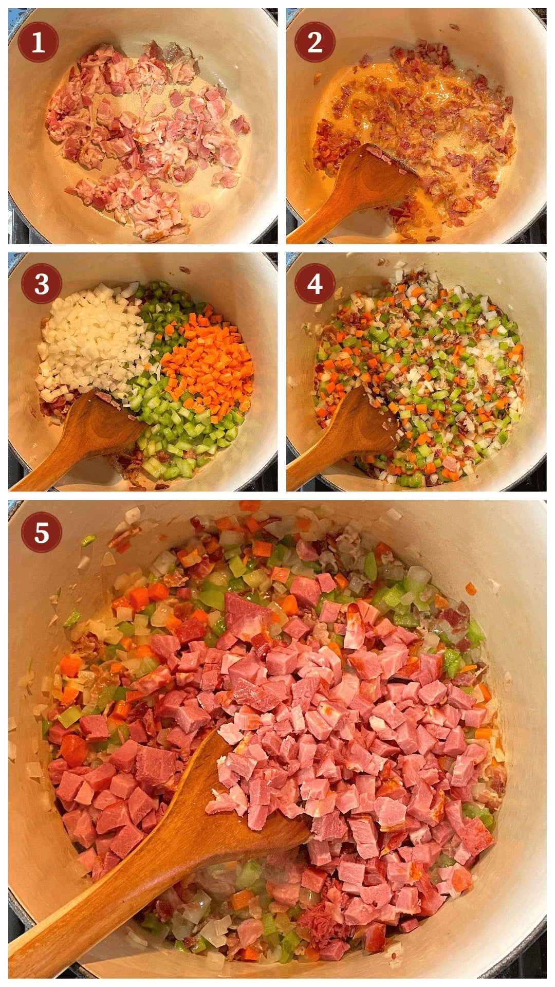A collage of images showing how to prepare Southern butterbeans with tasso, steps 1-5.