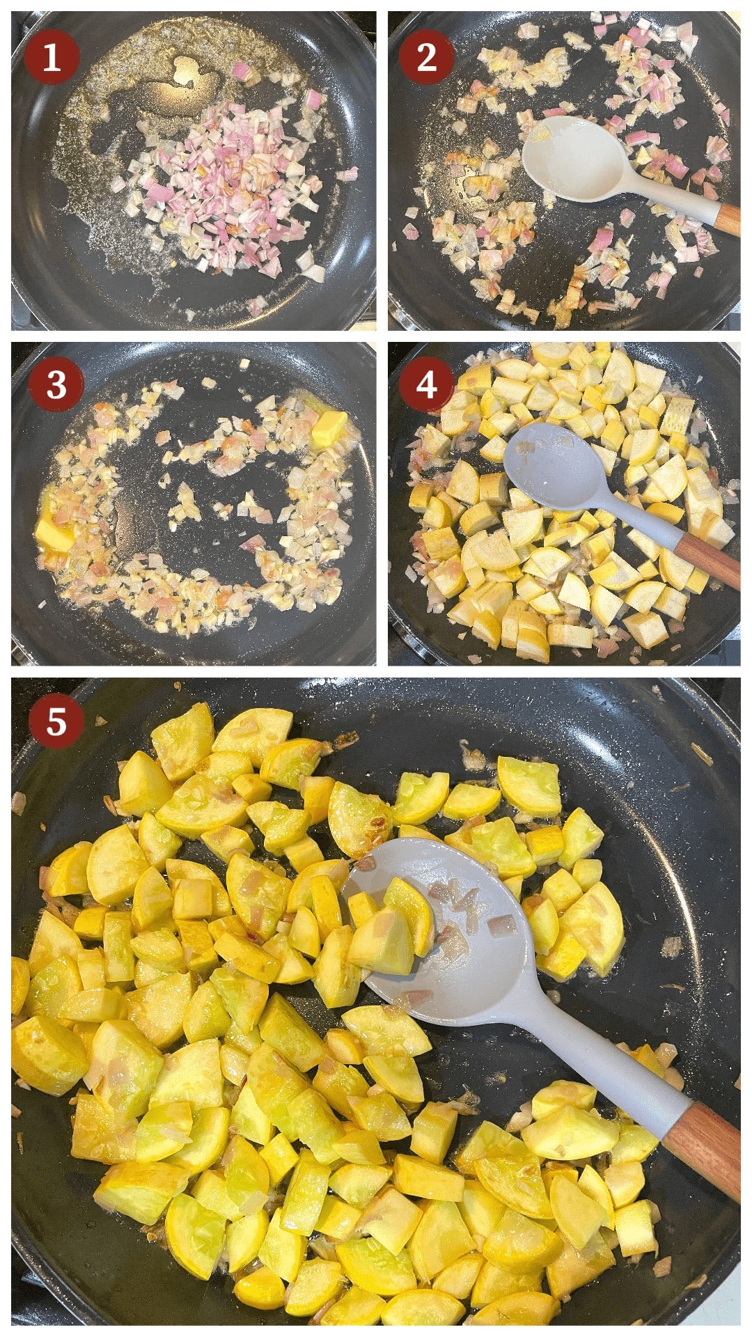 A collage of images showing how to make sauteed squash, steps 1-5.