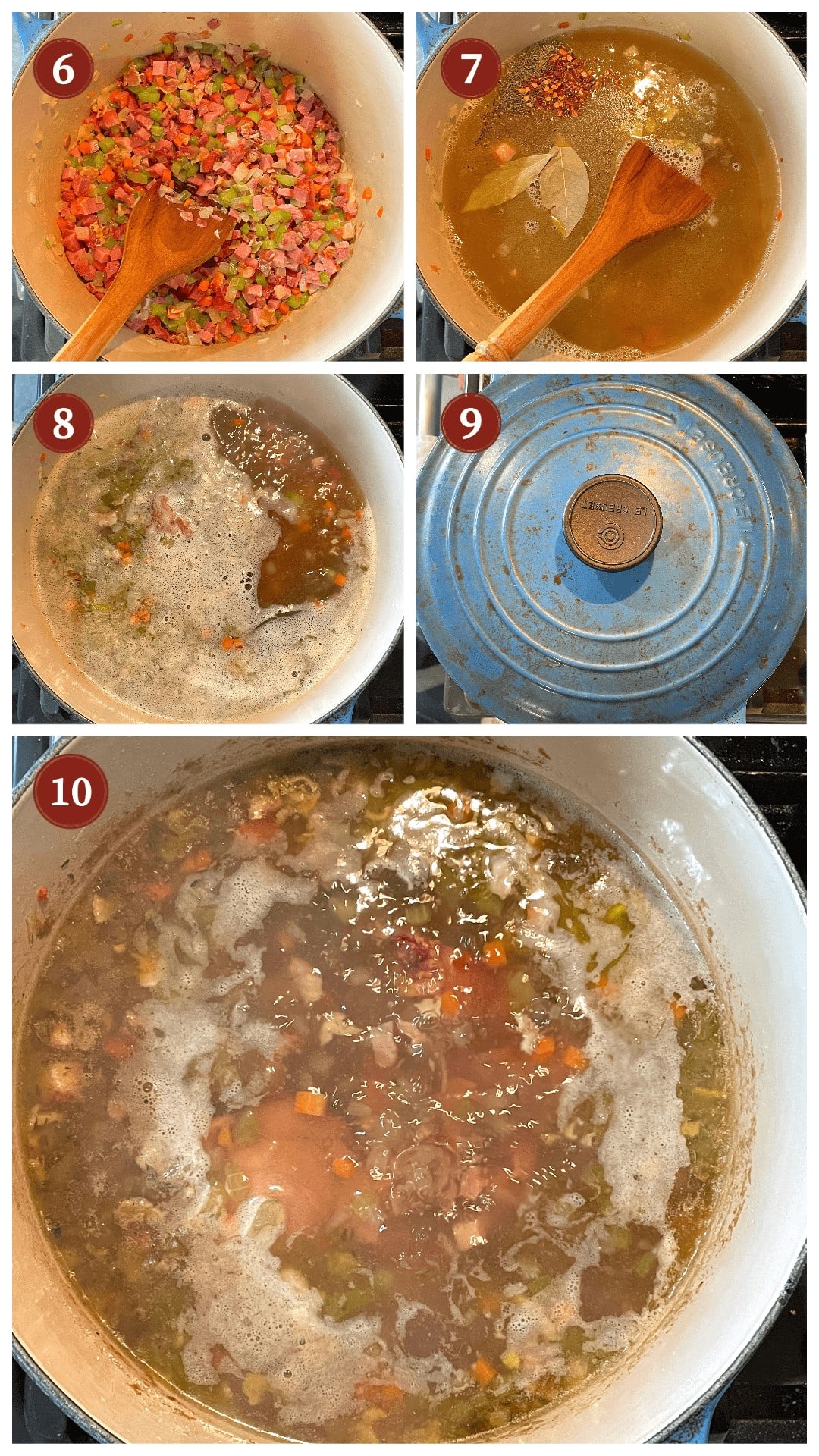 A collage of images showing how to prepare Southern butterbeans with tasso, steps 6-10.