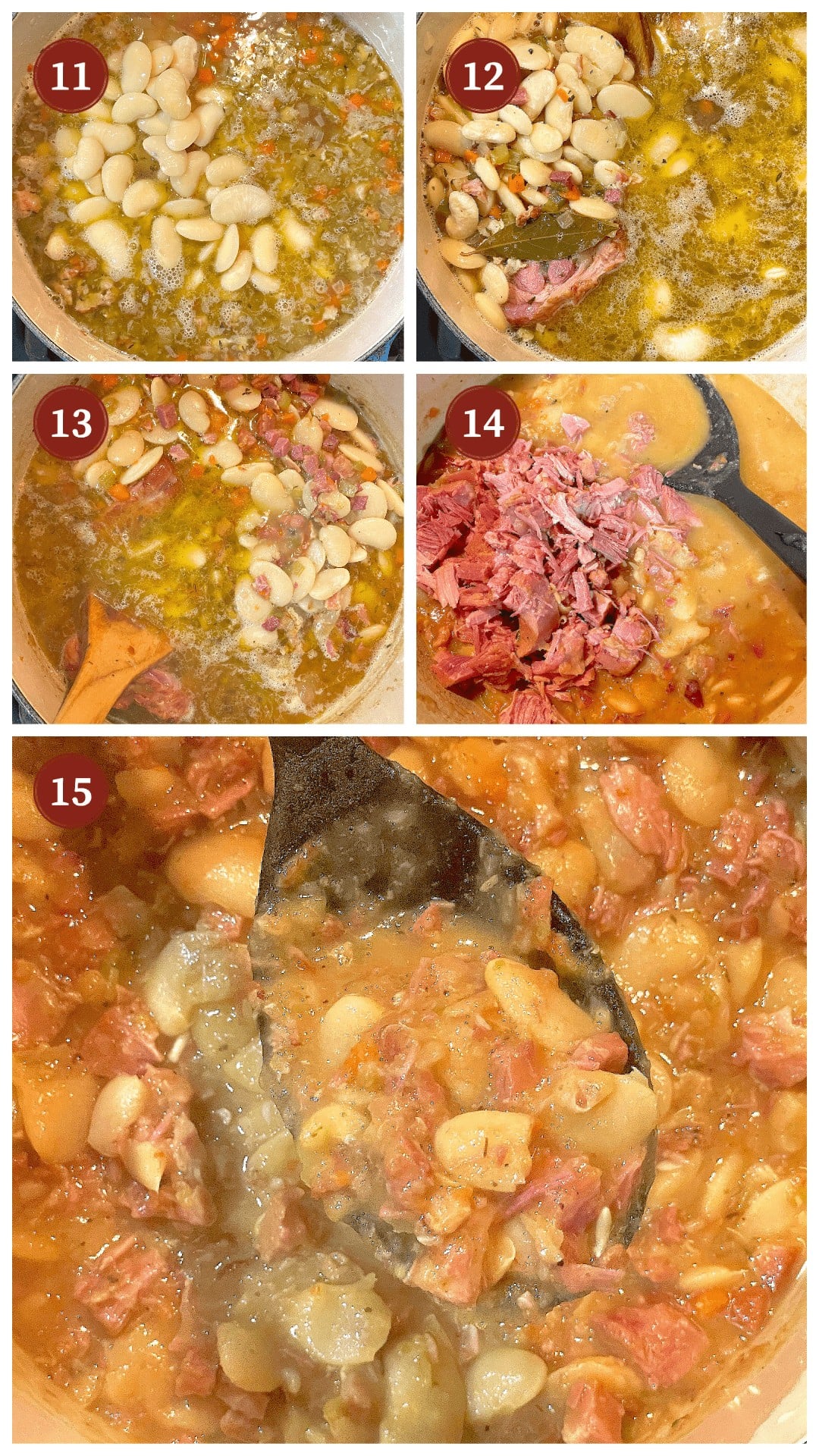 A collage of images showing how to prepare Southern lima beans, steps 11-15.