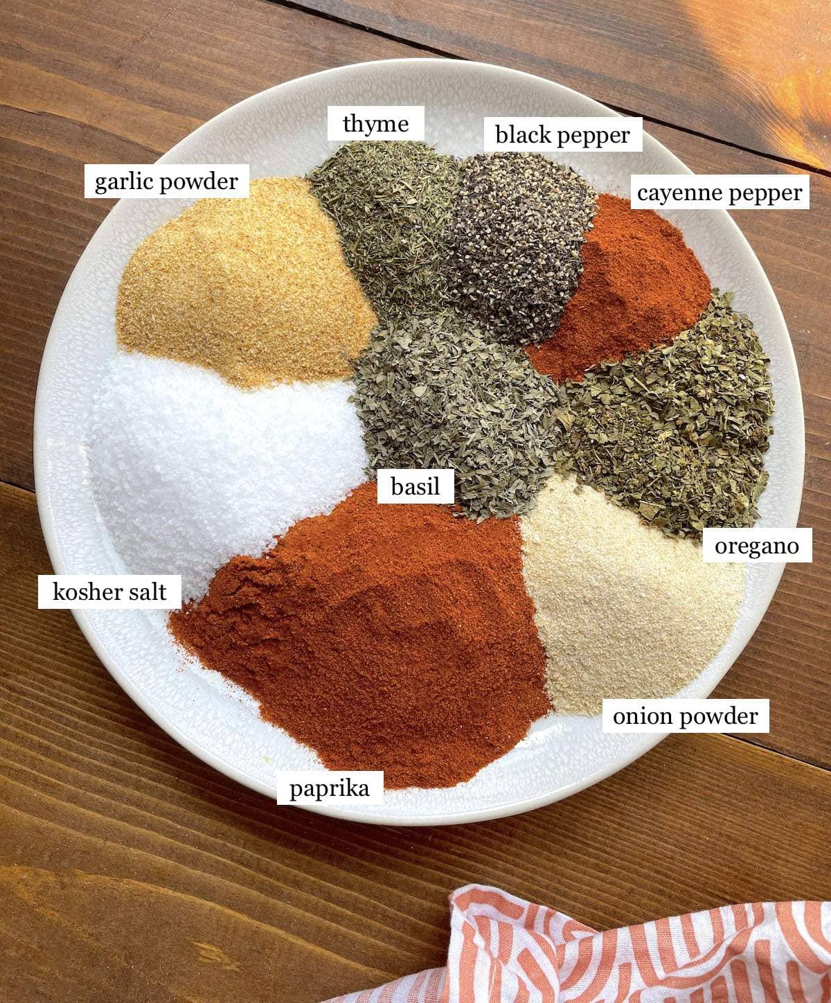 A white plate with the ingredients in Creole seasoning laid out on it, labeled with text.