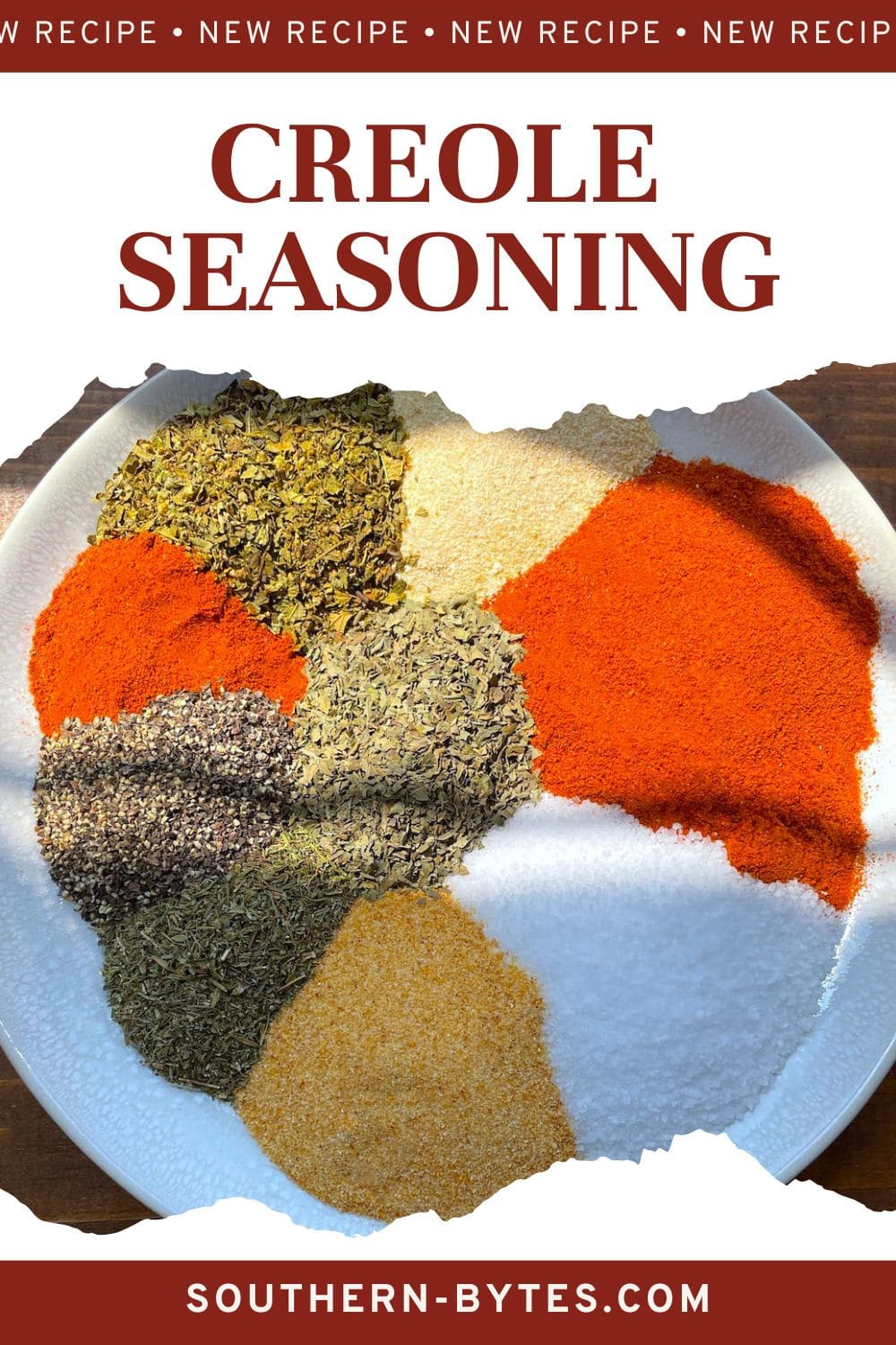 A pin image of a white plate with the spices in Creole seasoning laid out on it.