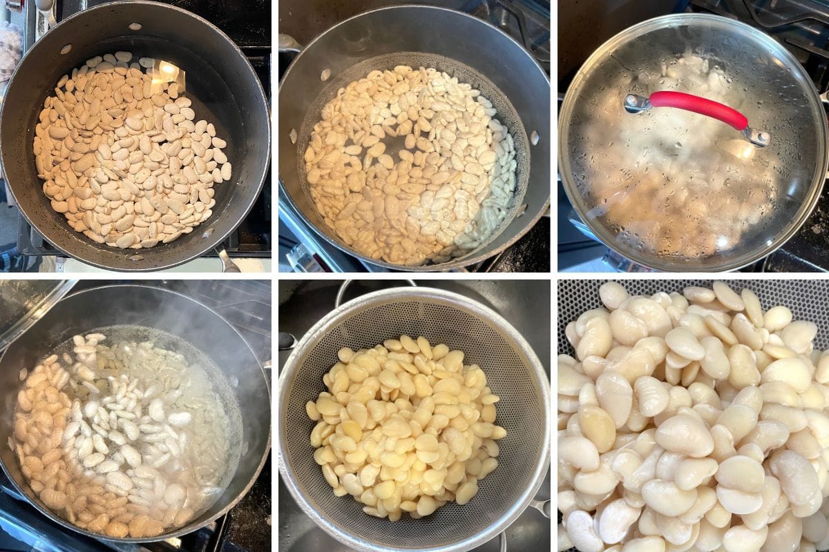 A collage of six images showing how to cook large lima beans.