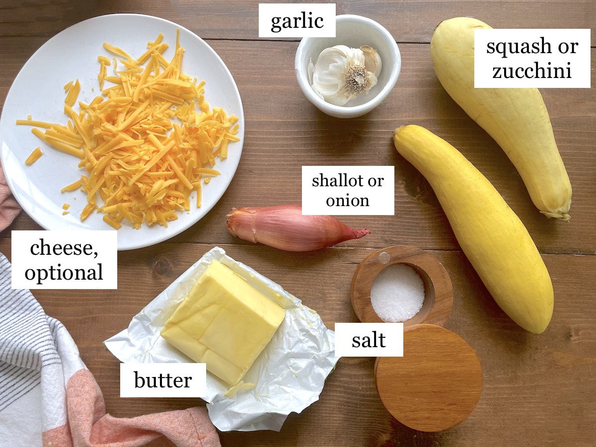 The ingredients needed to make sauteed squash, laid out and labeled.