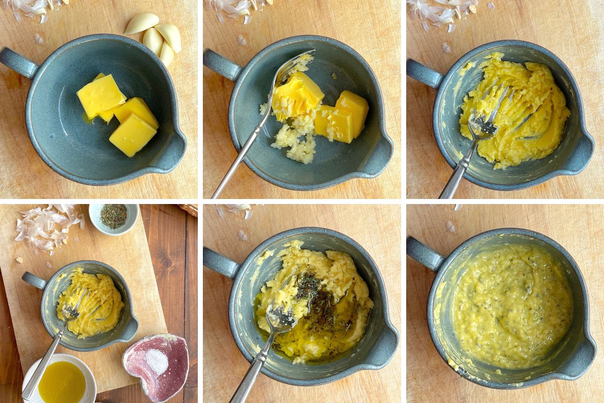 A collage of images showing how to make garlic butter for garlic toast.