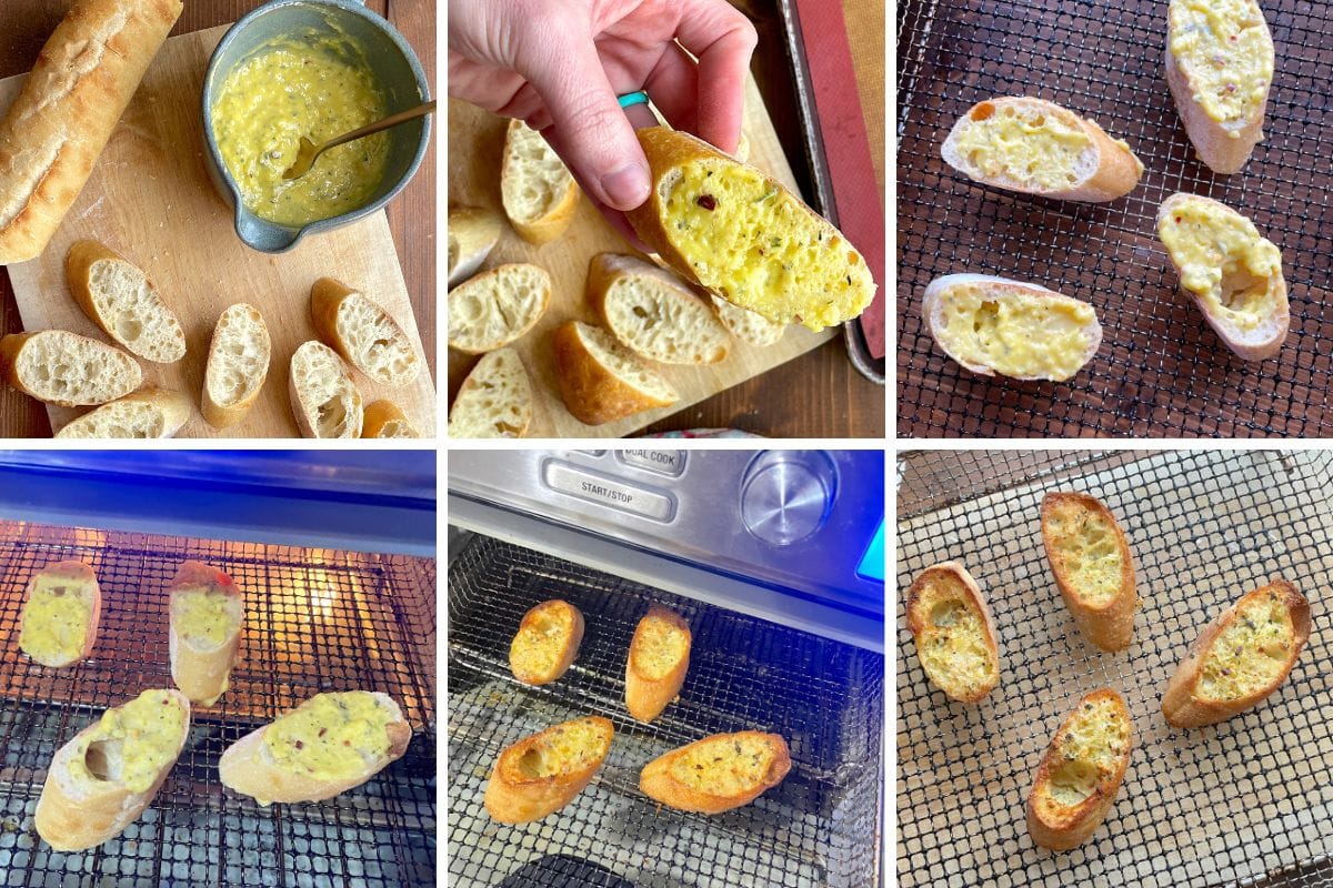 A collage of images showing how to make garlic toast in an air fryer.
