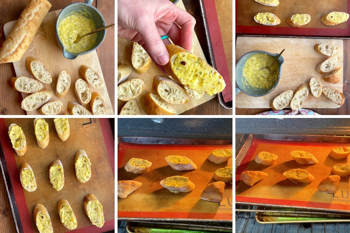 A collage of images showing how to make garlic toast in the oven.