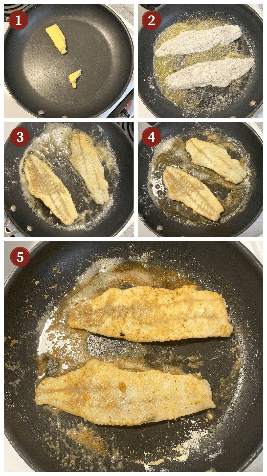 A collage of images showing how to pan fry trout fillets in butter, steps 1-5.