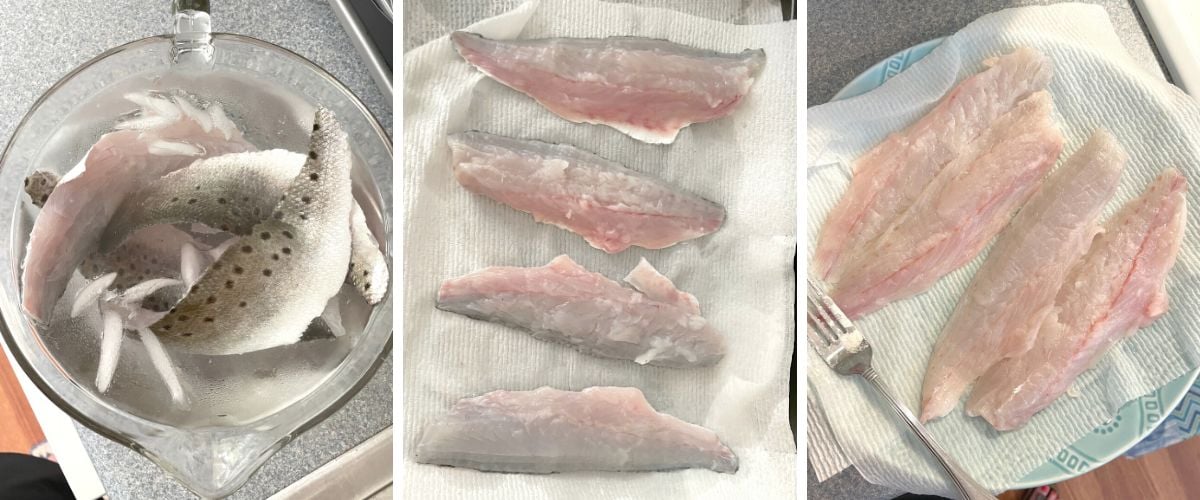 A collage of images showing how to remove the skin from trout fillets.