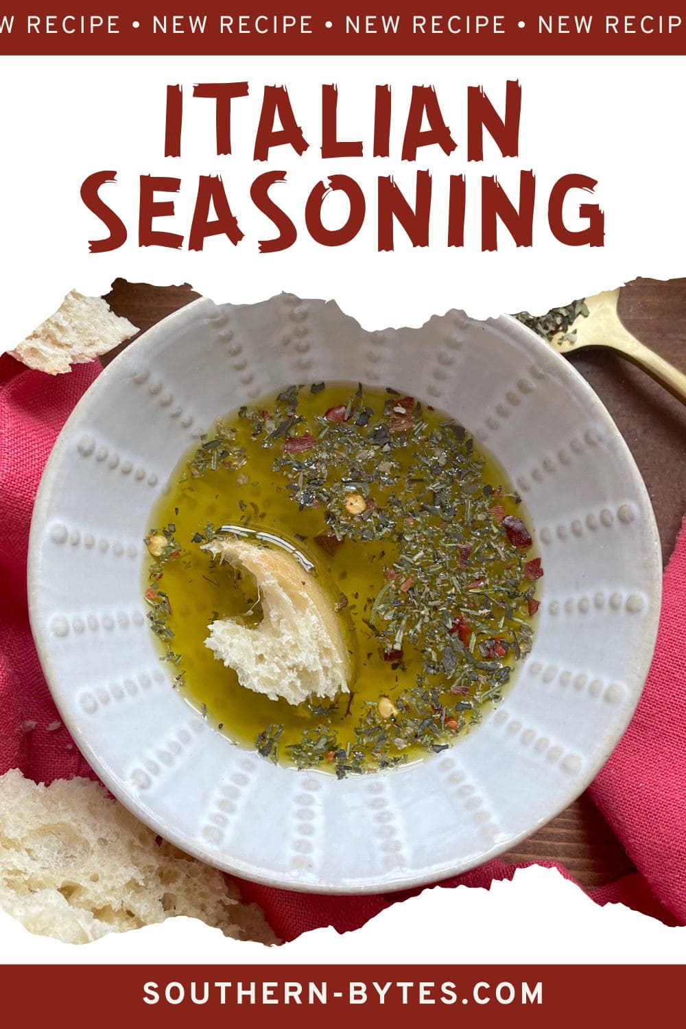 A pin image with a bowl of olive oil with Italian seasoning in it and a few pieces of torn bread.