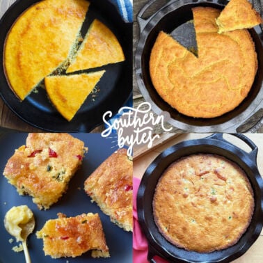 A collage of images showing different kinds of cornbread in preparation for freezing.
