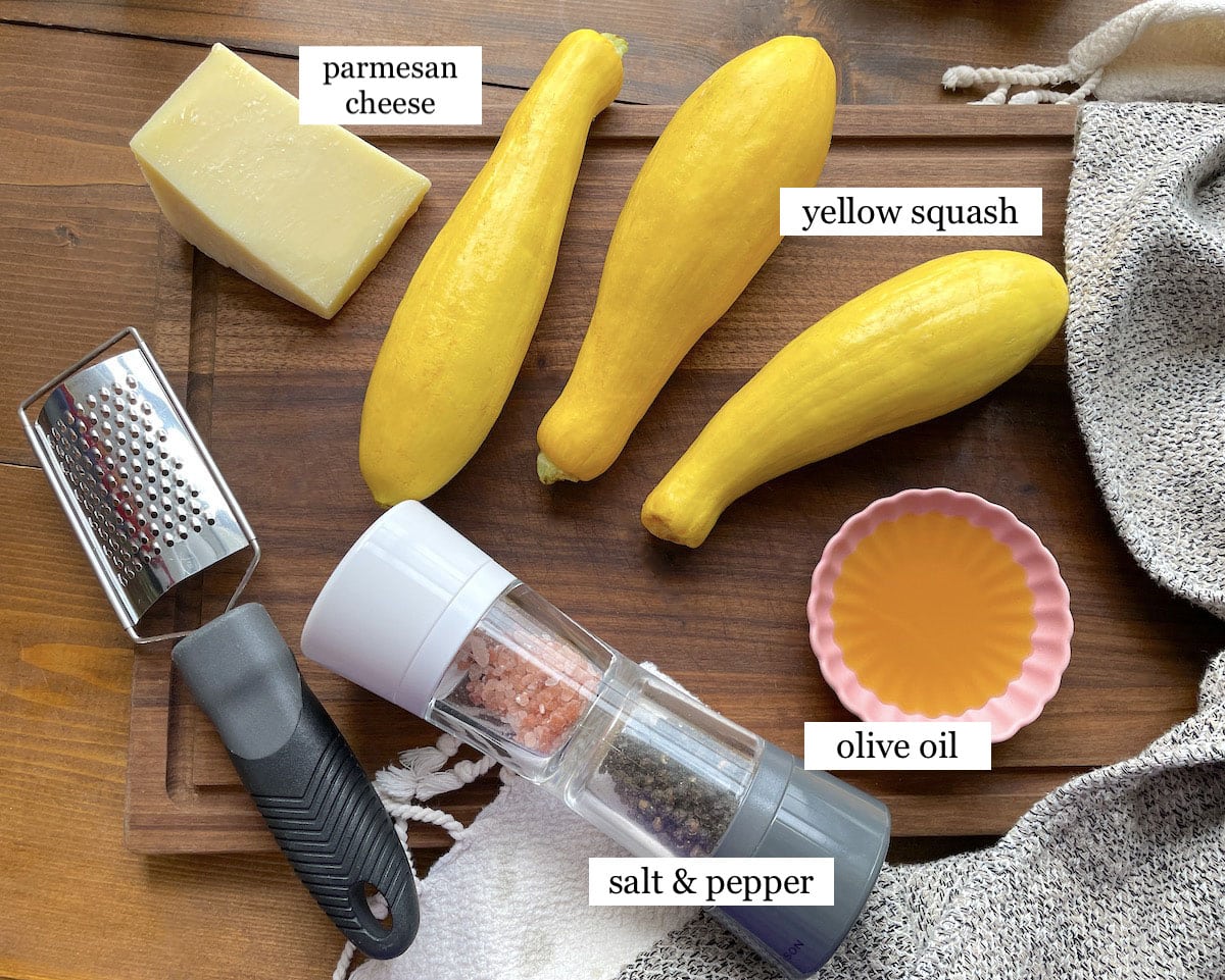 The ingredients needed to make oven roasted squash, laid out and labeled.